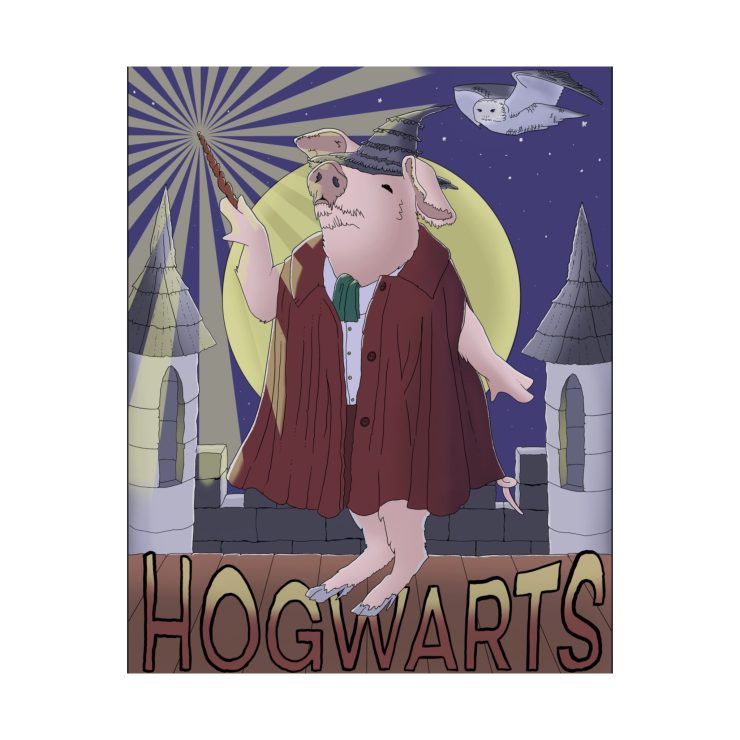 Hogwarts Witchy Pig Poster, Harry Potter Parody, Magic Piggy Witch Fine Art Print, Wizarding World, Geeky Home Decor